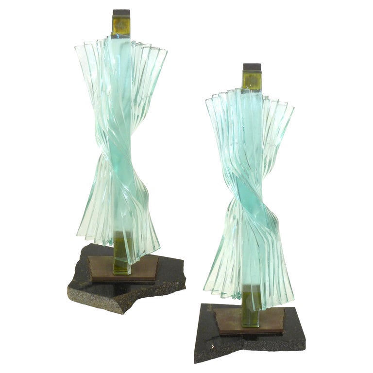 Pair of Brutalist Glass, Bronze and Stone Candlesticks For Sale