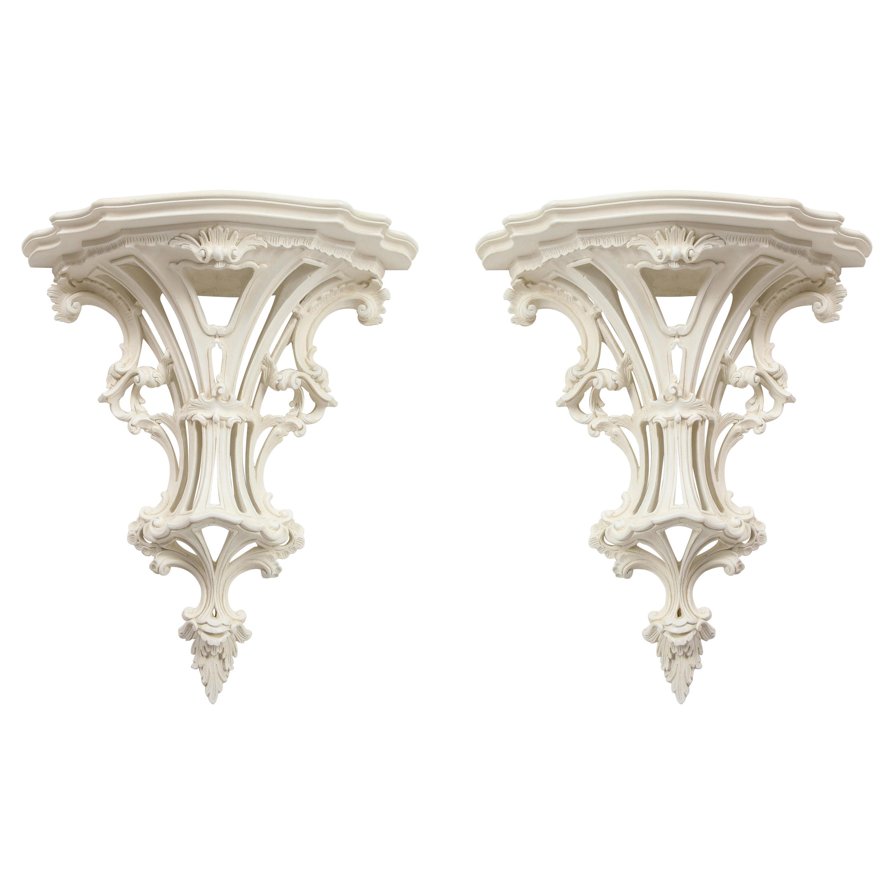 Pair of Large White-Gessoed Louis XV Style Wall Brackets