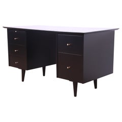 Paul McCobb Planner Group Black Lacquered Double Pedestal Desk, Newly Refinished