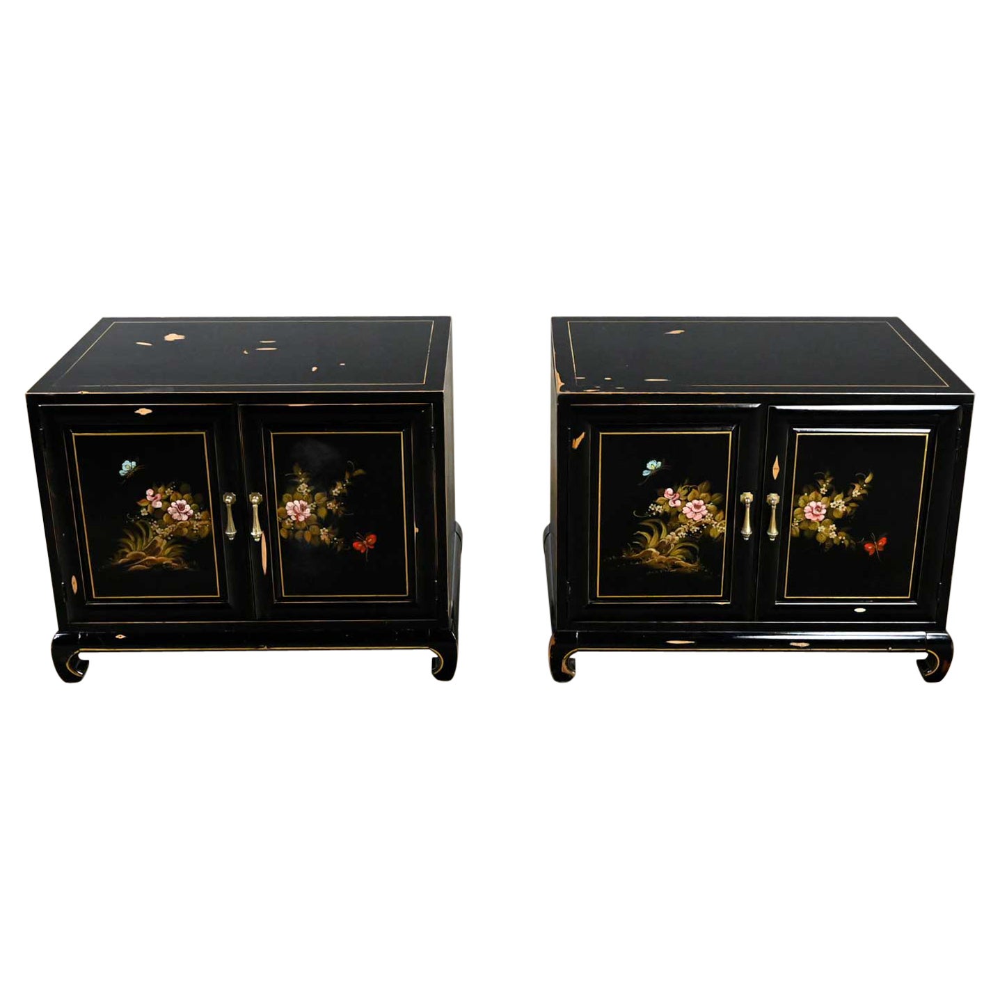 Union National Chinoiserie Chow Leg Pair Nightstands Floral Design & Distressed