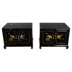 Union National Chinoiserie Chow Leg Pair Nightstands Floral Design & Distressed