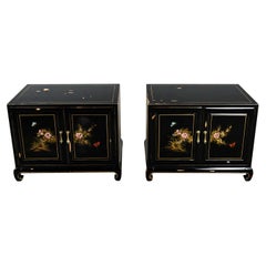 Vintage Union National Chinoiserie Chow Leg Pair Nightstands Floral Design & Distressed