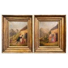 Antique Pair of 19th Century French Pastoral Oil on Board Paintings in Gilt Frames
