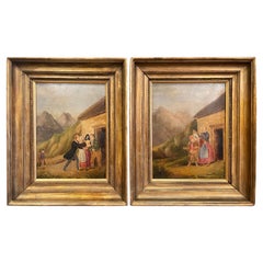 Pareja de pinturas pastorales francesas al óleo sobre tabla del siglo XIX en marcos dorados
