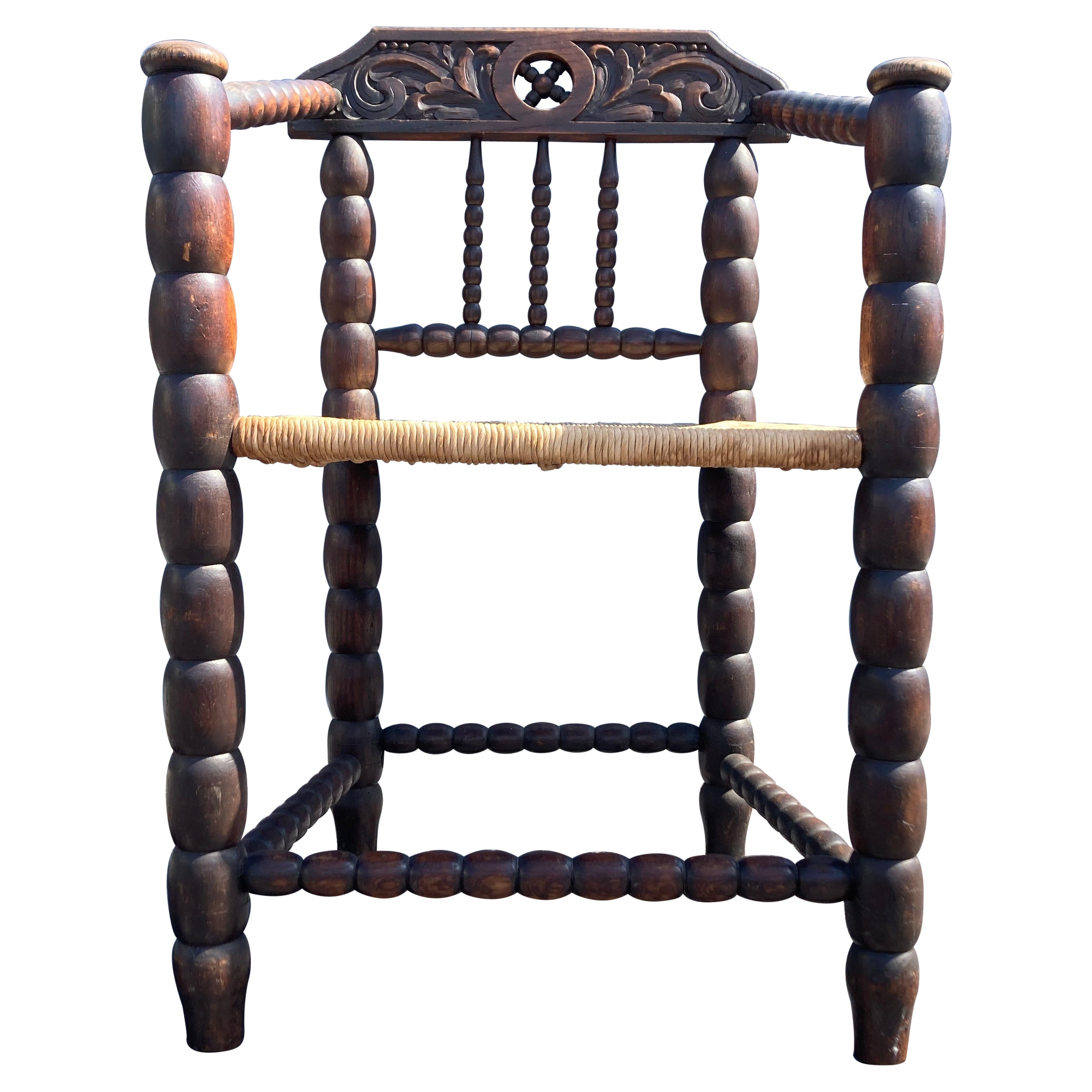 Beautiful Antique Arm Chair, Oak and Rush