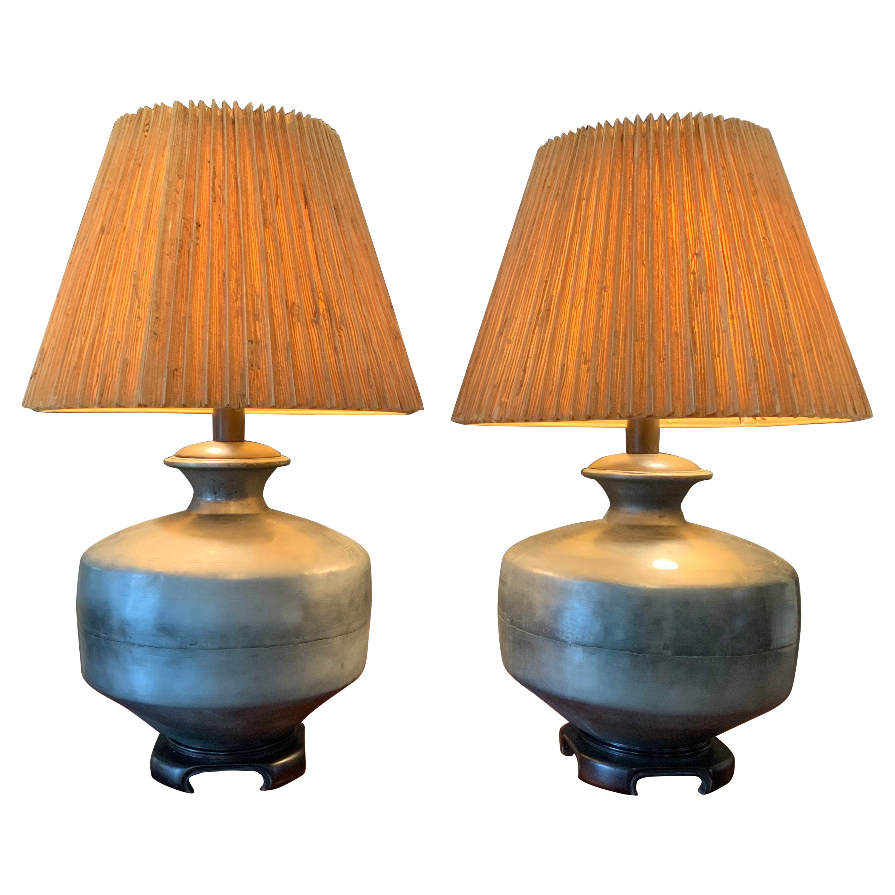 Pair of 1970's Brushed Pewter Ming Jar Lamps at 1stDibs