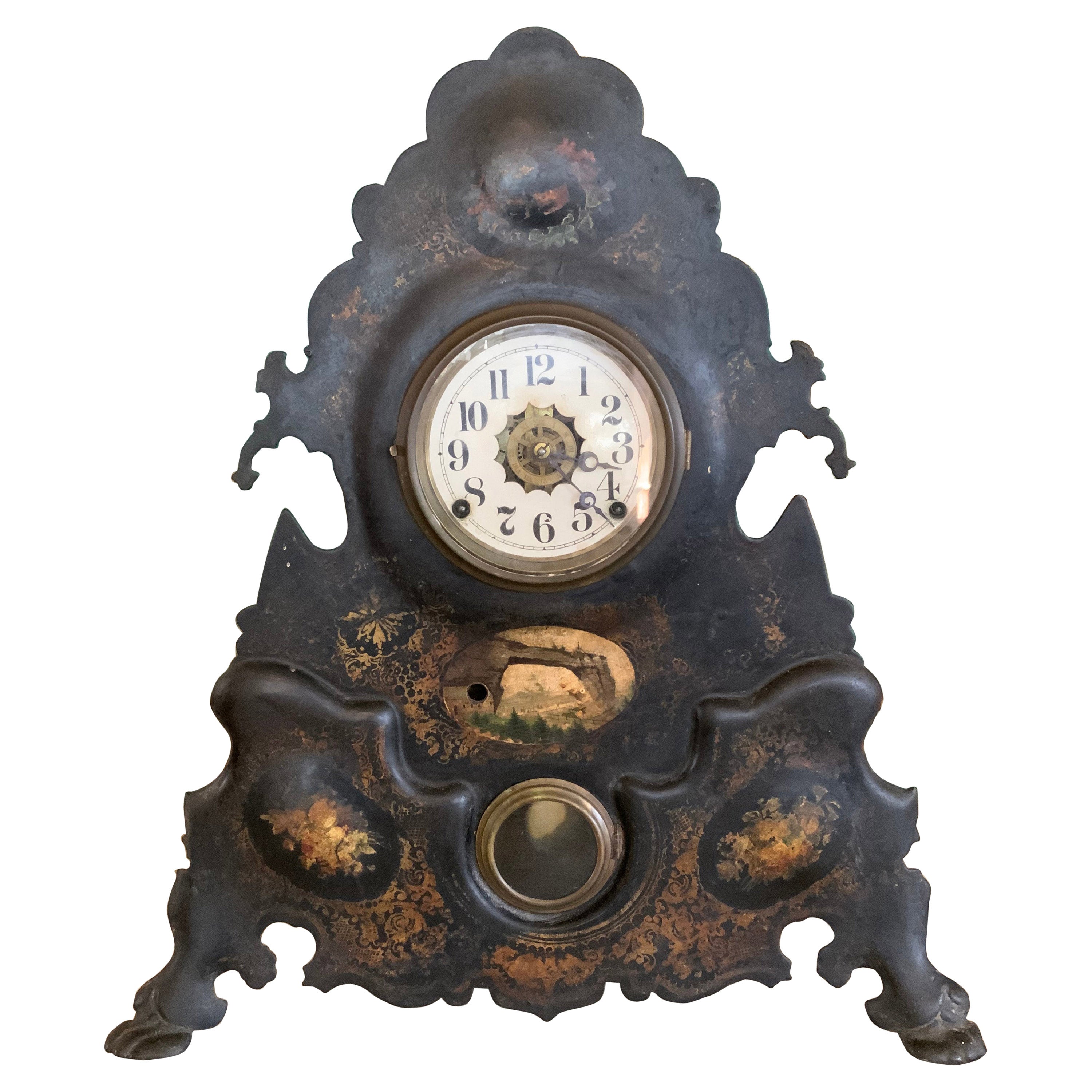 Antique 19th Century Hand Painted Iron Mantel Clock For Sale