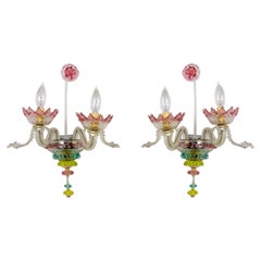 Antique Polychrome Murano Glass 2-Light Daffodil Sconces 'Pair'