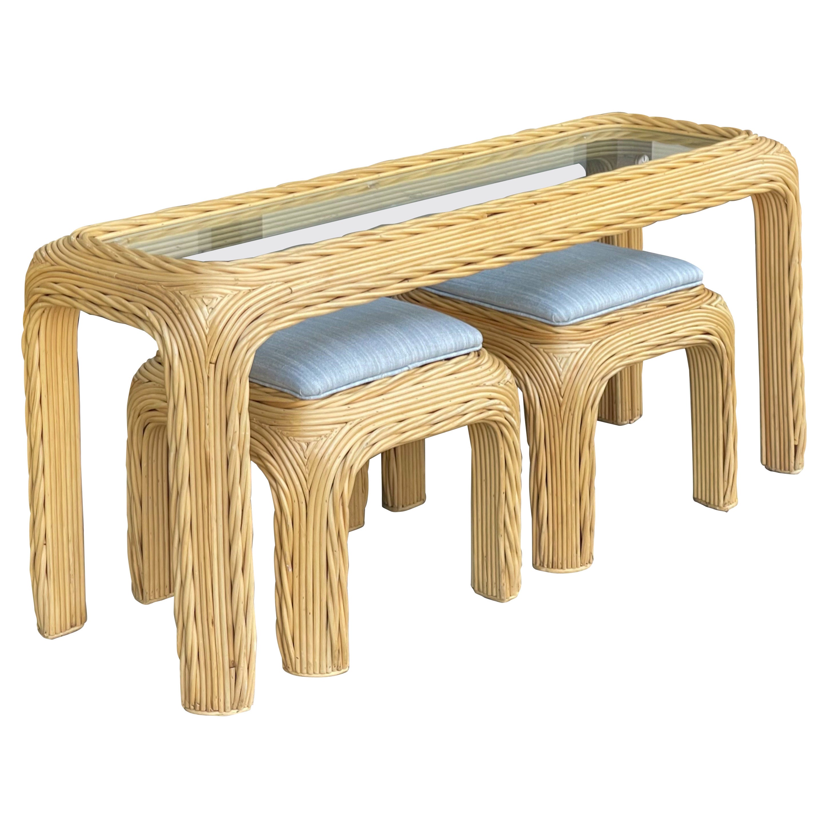 1970s Crespi Style Organic Modern Pencil Bamboo Console Table with 2 Ottomans  For Sale