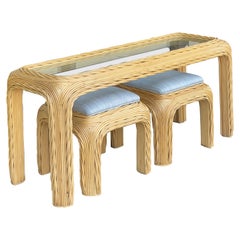 1970s Crespi Style Organic Modern Pencil Bamboo Console Table with 2 Ottomans 