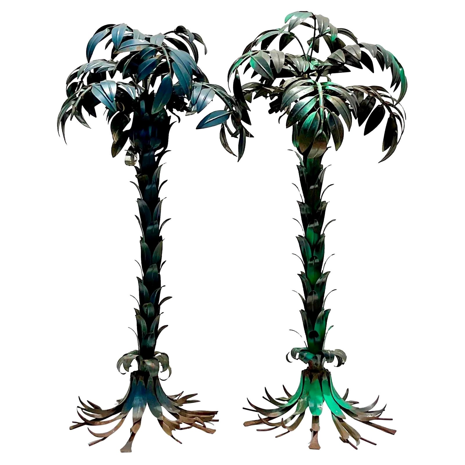 Vintage Monumental Regency Hans Kogl Polychromed Metal Palm Tree Lamps, a Pair
