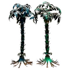 Vintage Monumental Regency Hans Kogl Polychromed Metal Palm Tree Lamps, a Pair