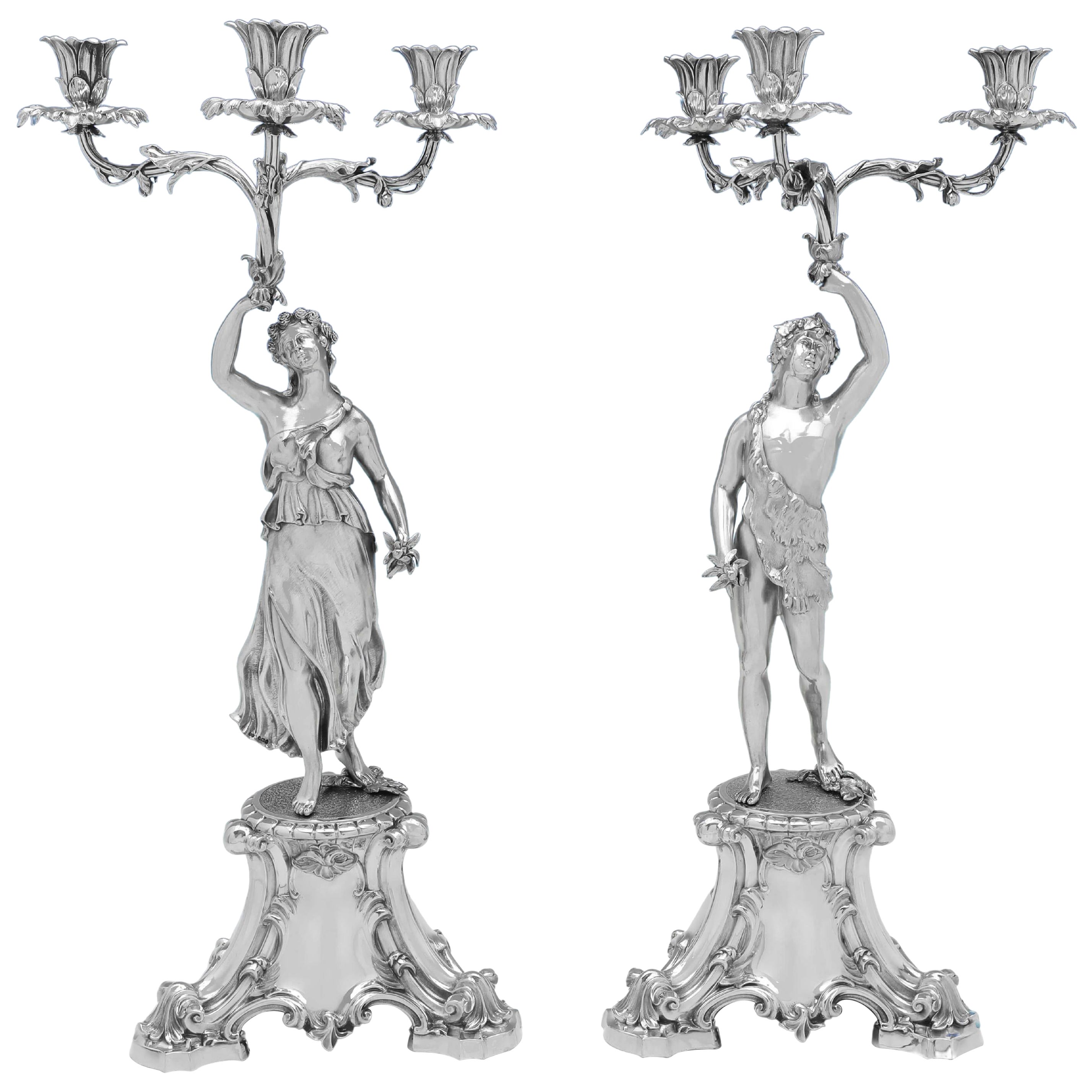 Paire de candélabres figuratifs victoriens anciens en argent sterling Barnards 1859