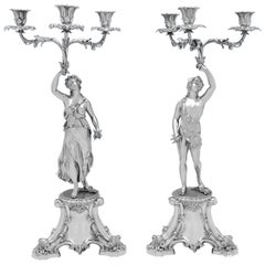 Paire de candélabres figuratifs victoriens anciens en argent sterling Barnards 1859