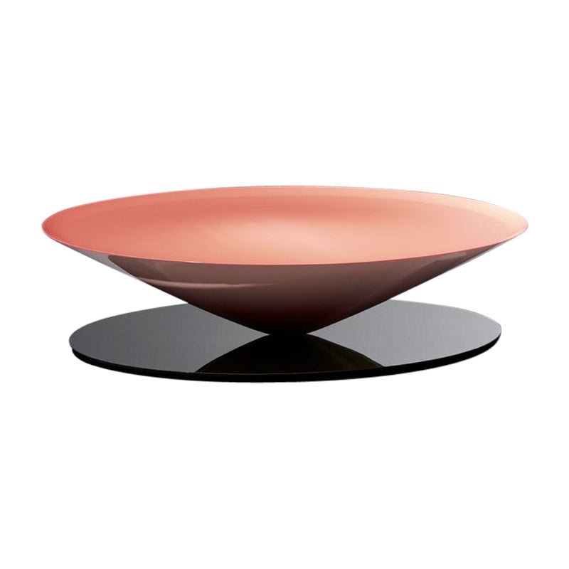 Table basse flottante rose brillante avec miroir en acier poli, base en acier poli, par La Chance
