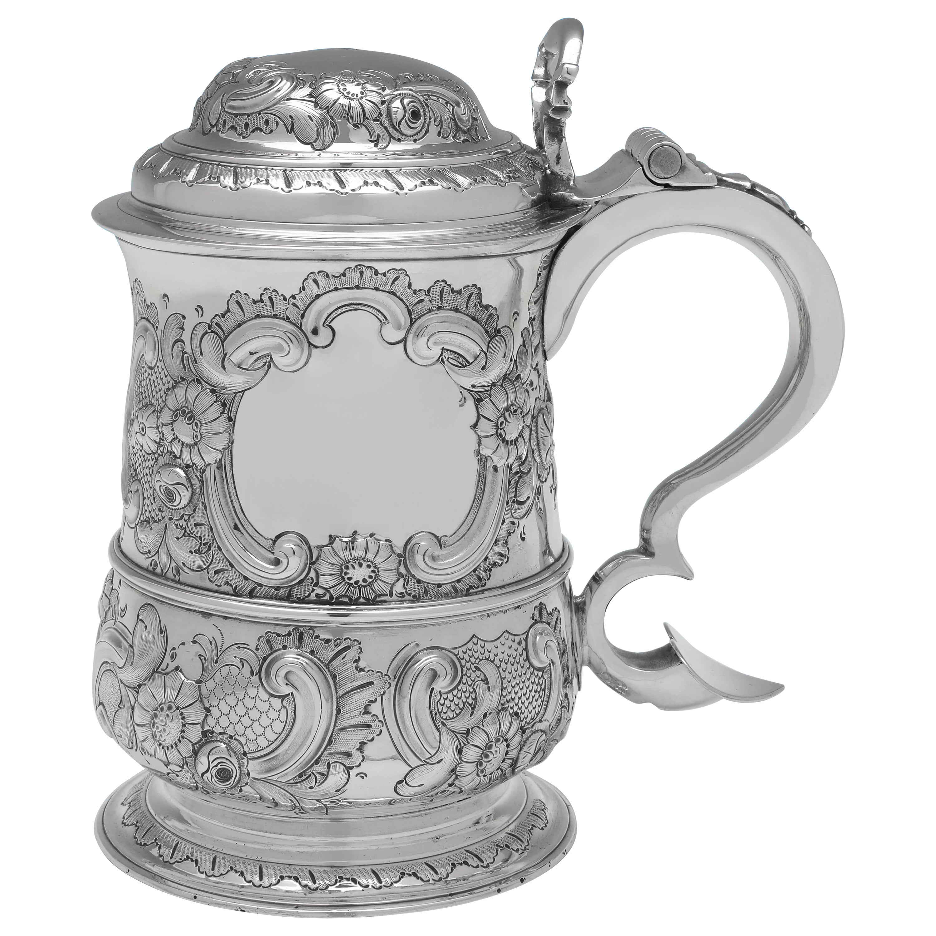 George II Period Later Chased Antique Sterling Silver Tankard, London 1756 For Sale