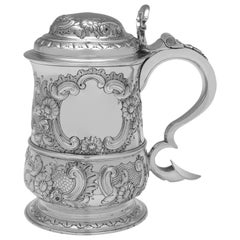 George II Period Later Chased Antique Sterling Silver Tankard, London 1756