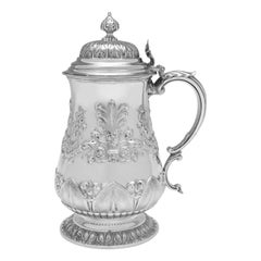 Ornate Chased Victorian Antique Sterling Silver Tankard, Sheffield 1856