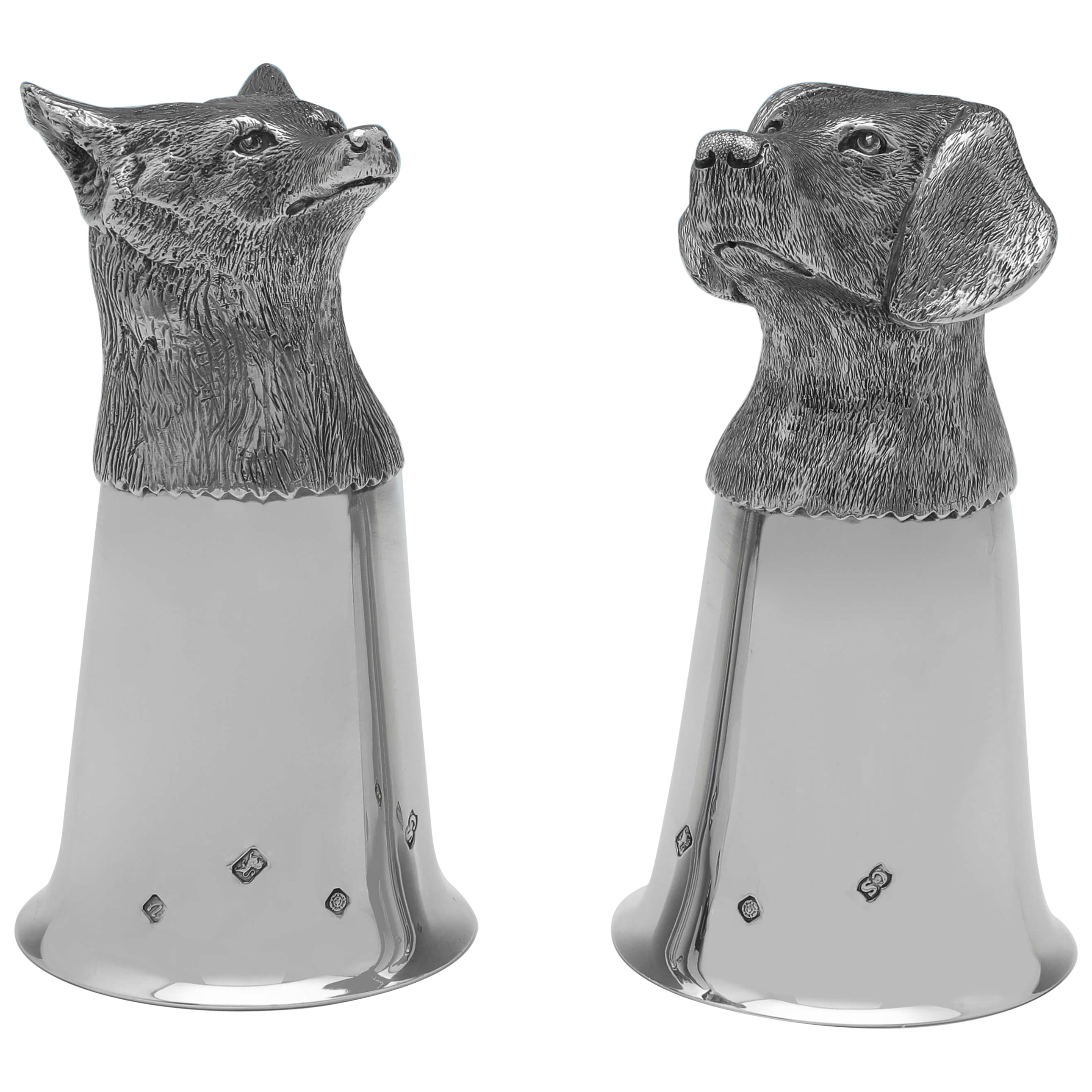 Pair of Sterling Silver Stirrup Cups - Fox & Dog Head - Camelot Silverware 1995 For Sale