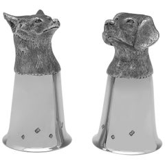 Vintage Pair of Sterling Silver Stirrup Cups - Fox & Dog Head - Camelot Silverware 1995