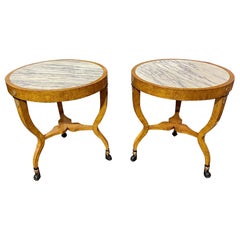 Pair of Italian Burl Walnut and Breccia Violet Marble Side Tables