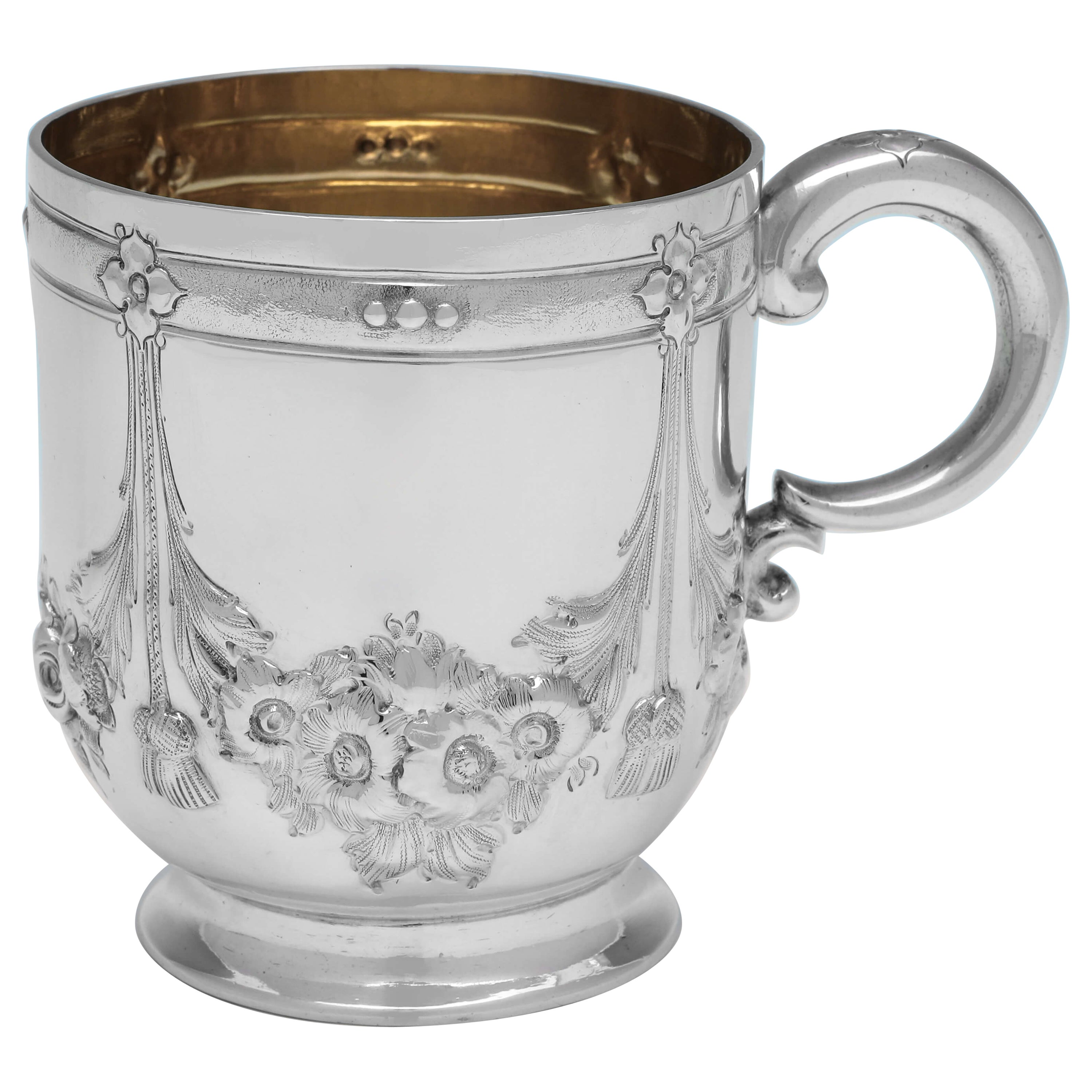 Victorian Chased Antique Sterling Silver Childs Mug, London 1867