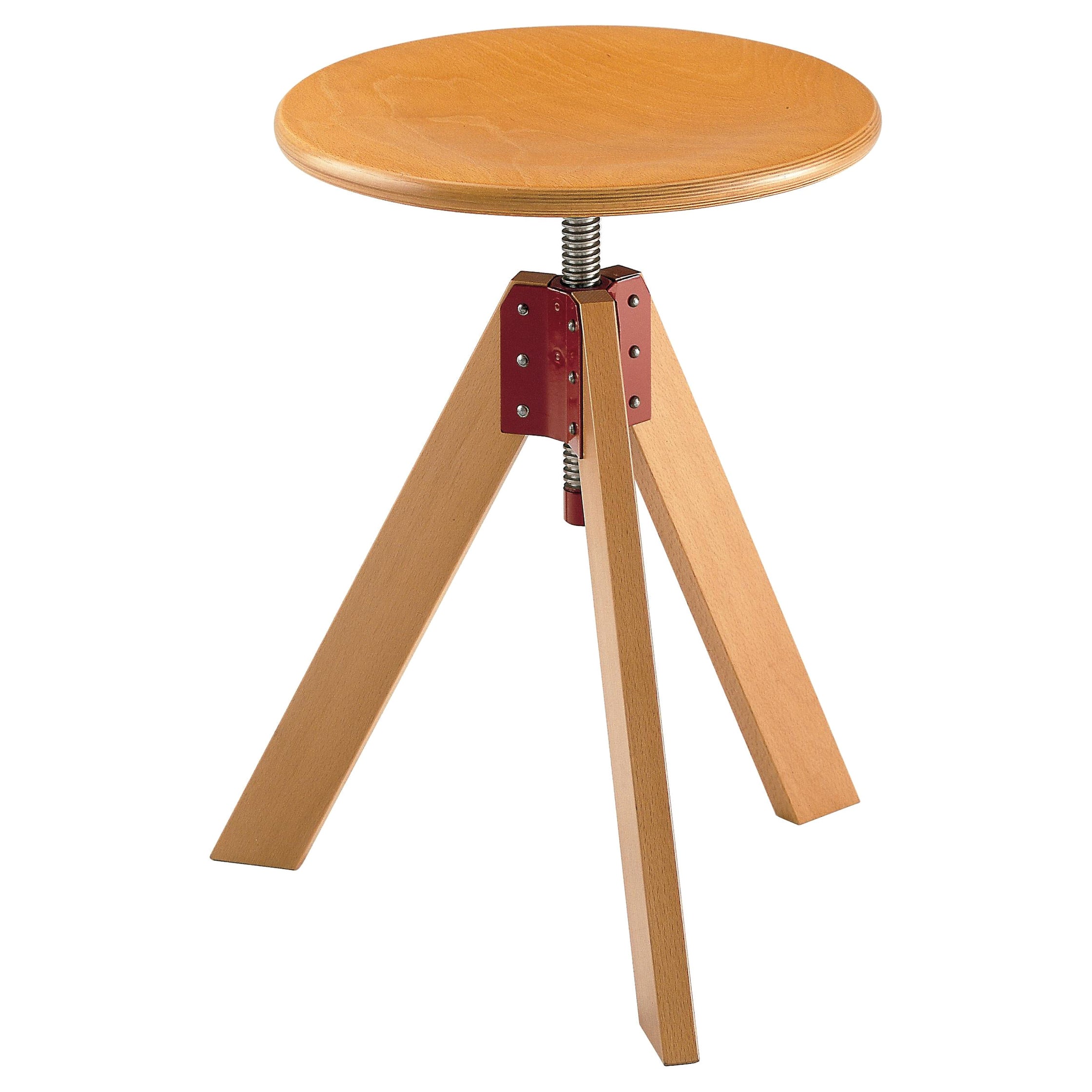 Zanotta Giotto Stool in Natural Varnished Beech Frame with Red Bracket