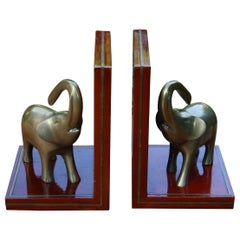 Retro Pair Art Deco Style Brass and Wood Elephant Sculpture Bookends 1960's