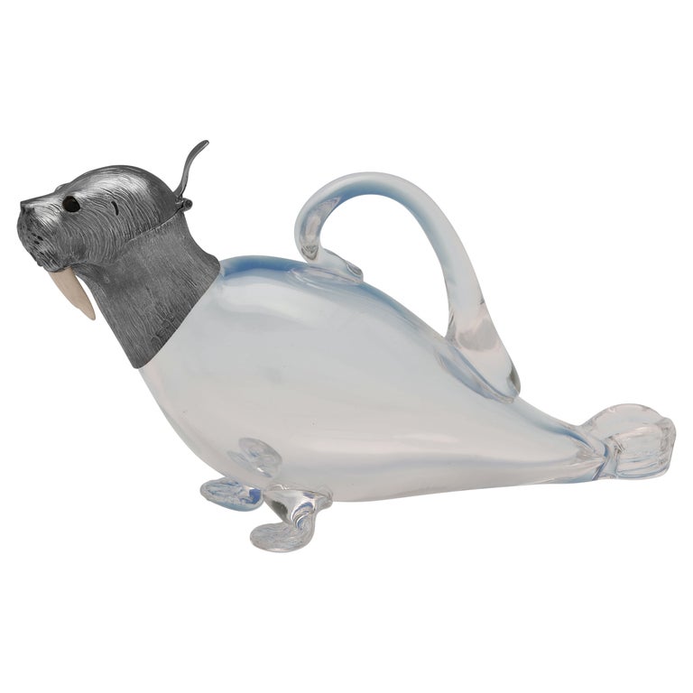 Novelty Glass and Sterling Silver Claret Jug Walrus Philip John