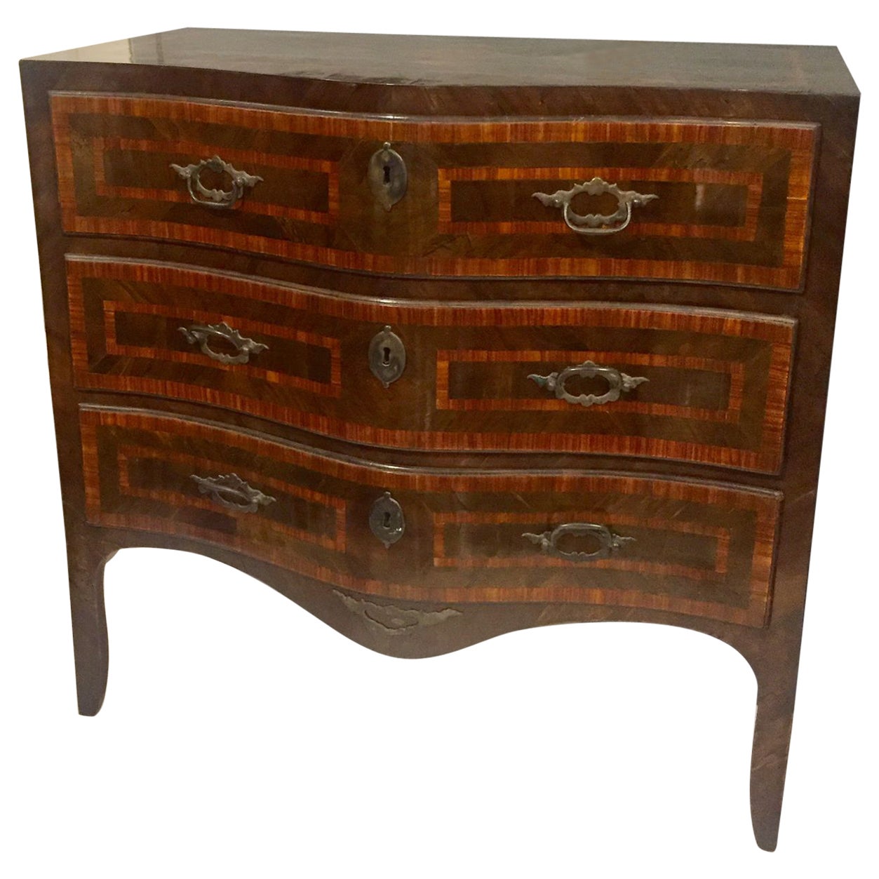 Louis XV, Sicilian Chest of Drawers in Rio Rosewood, Three Drawers, Bronze Handl For Sale