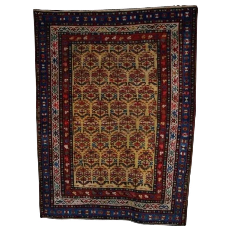 Antique Kurdish Rug with Shrub Design, on a Yellow Field For Sale