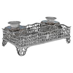 Antique Sterling Silver Inkstand, London 1901, Gallery Border 