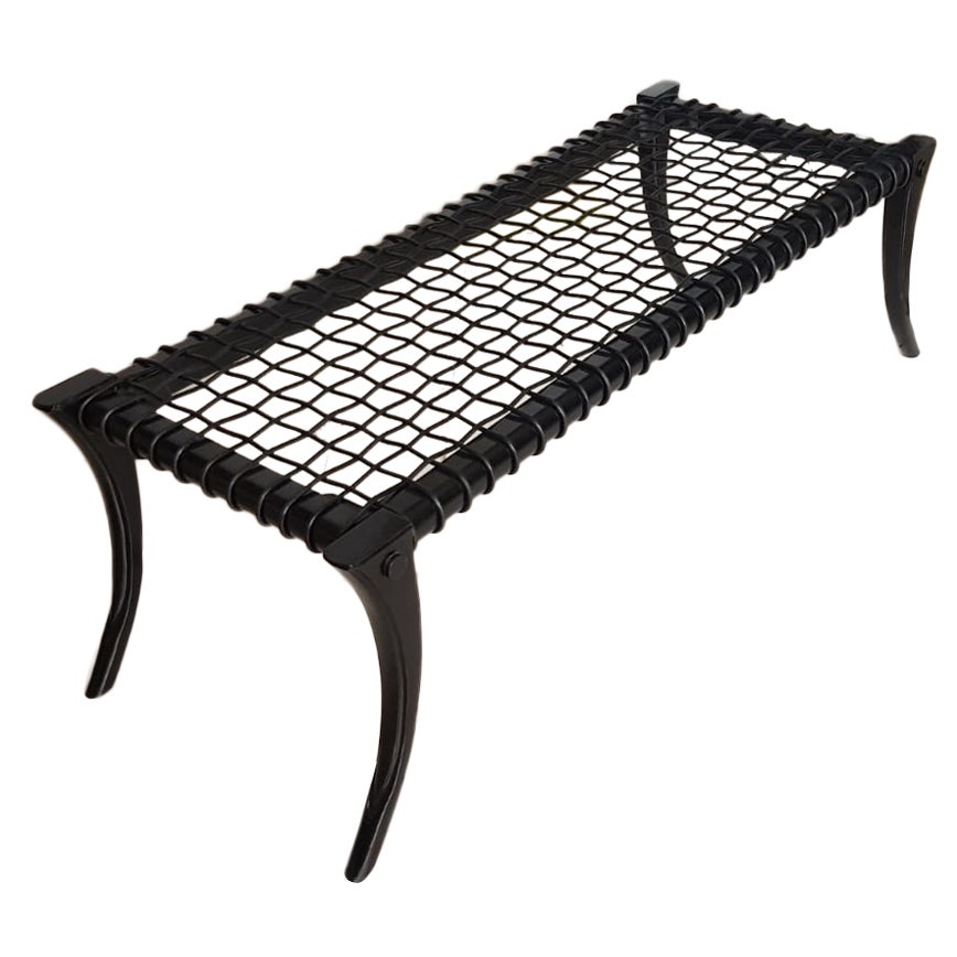 Saber Legs Black Wood and Woven Leather Bench Customizable Upholstery and Wood