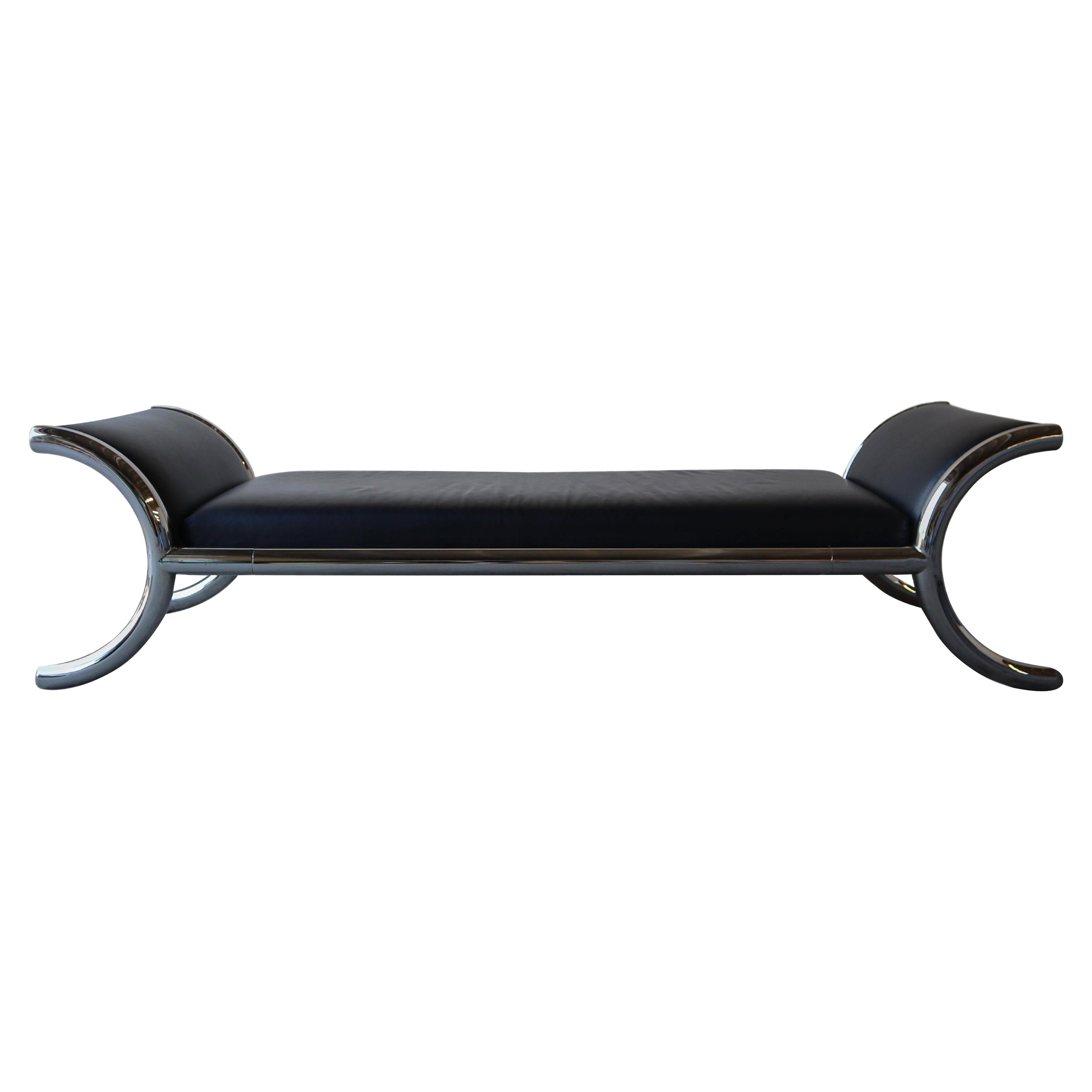 1970s Black Leather and Chrome Steel Daybed Bench