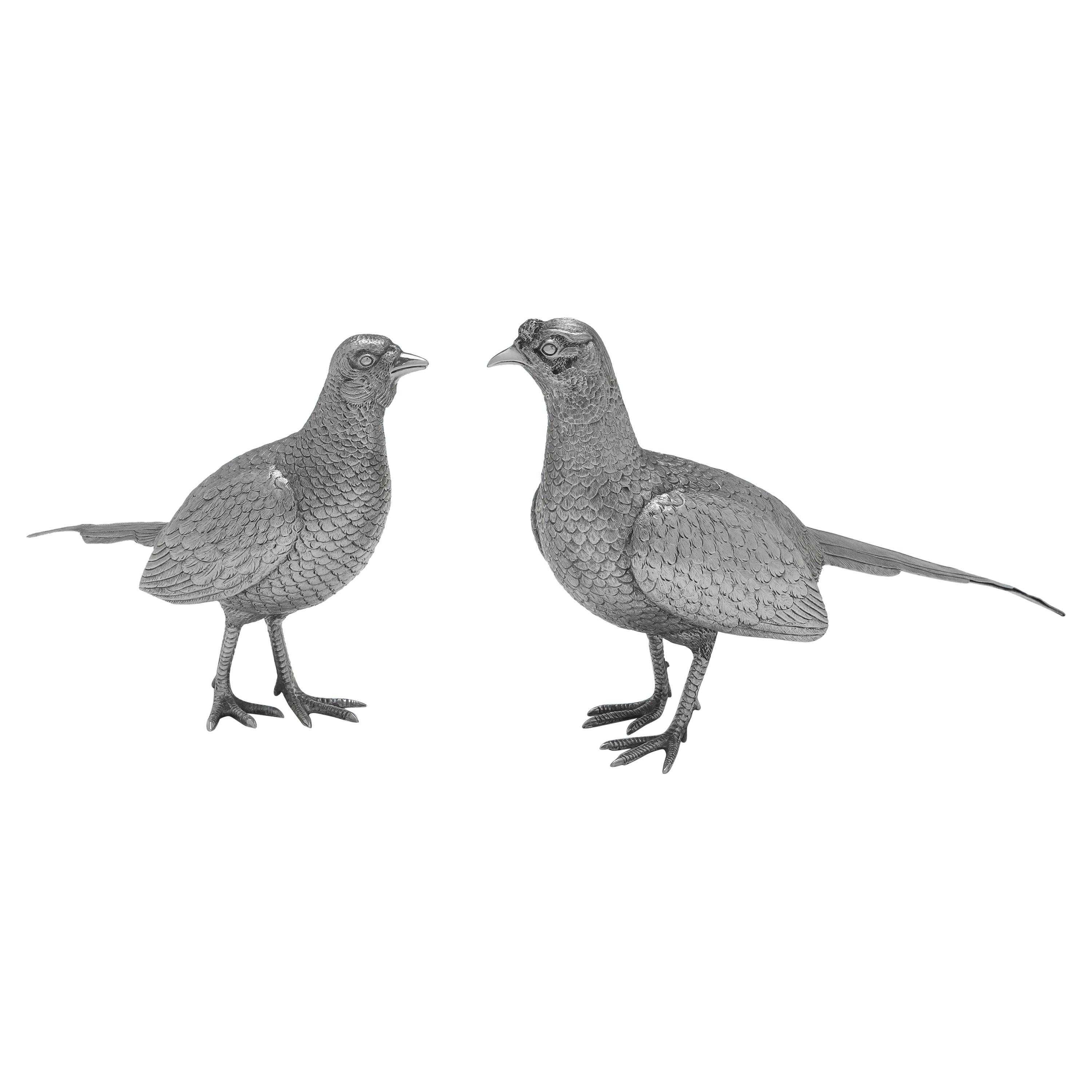 Heavy Cast Pair of Sterling Silver Pheasant Models, London 1967, R. Comyns 