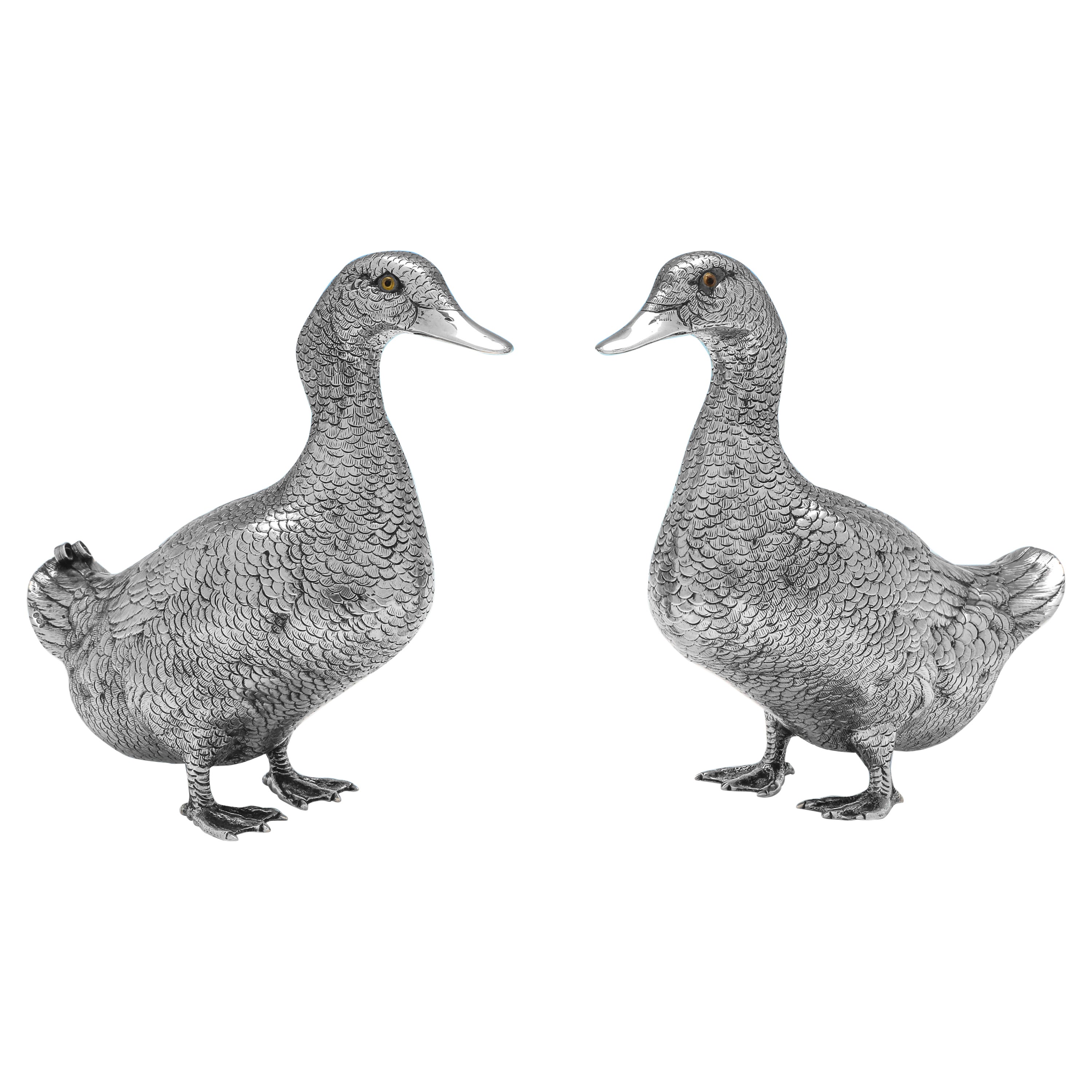 Sterling Silver Pair of Duck Models, London 1966, Table Centrepieces