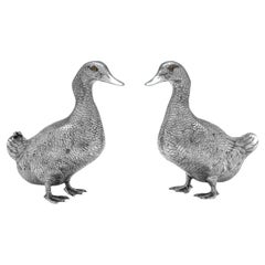 Sterling Silver Pair of Duck Models, London 1966, Table Centrepieces