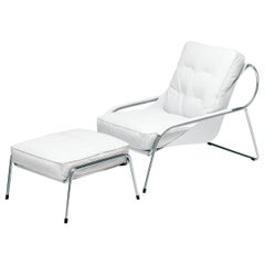 Zanotta Maggiolina Lounge Chair with Pouf in White Leather & Steel Frame