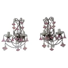 1920 French Pink Fuchsia Murano Balls & Ribbons Giltwood Crystal Prisms Sconces
