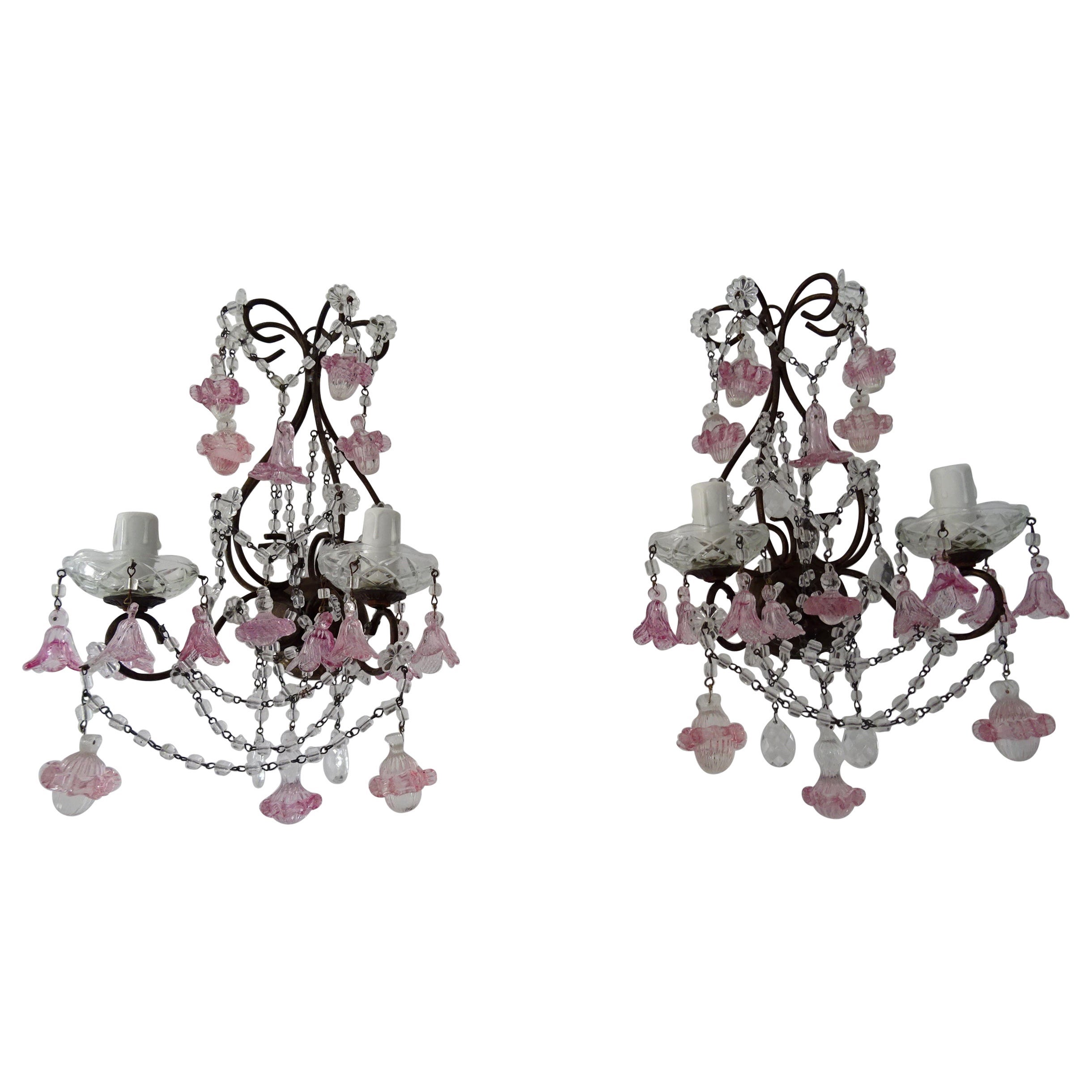 1920 French Pink Fuchsia Murano Balls & Ribbons Giltwood Crystal Prisms Sconces