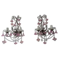 Antique 1920 French Pink Fuchsia Murano Balls & Ribbons Giltwood Crystal Prisms Sconces
