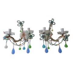 Antique Big French Rainbow Pastel Multicolored Confetti Opaline Sconces, circa 1920