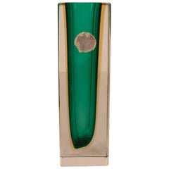 Small Geometric Vase, Green and Gold "Sommerso" Murano Glass