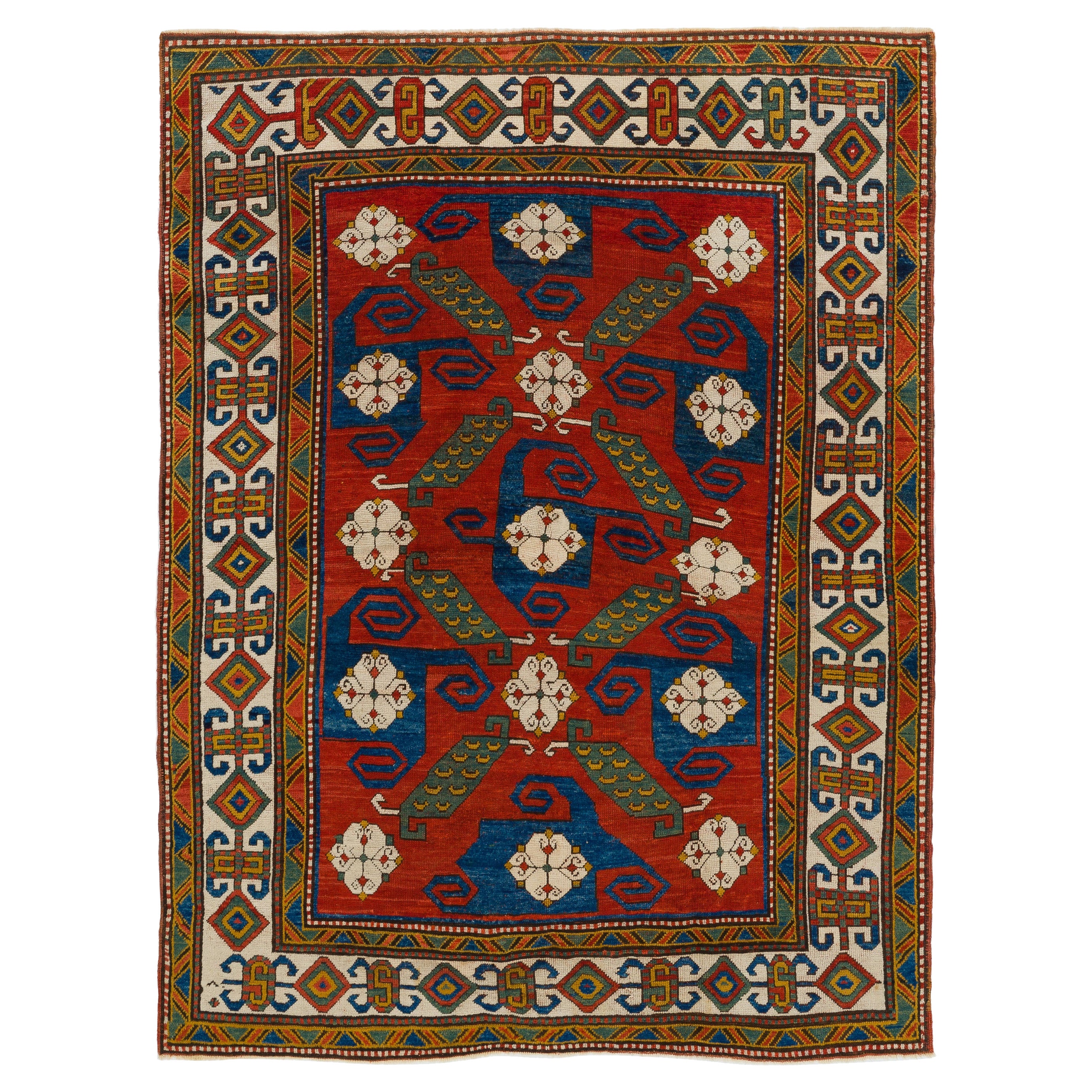 Antiker kaukasischer Pinwheel-Teppich aus Kasach. Top-Regal-Sammlerteppich. 5'6" x 7'2"