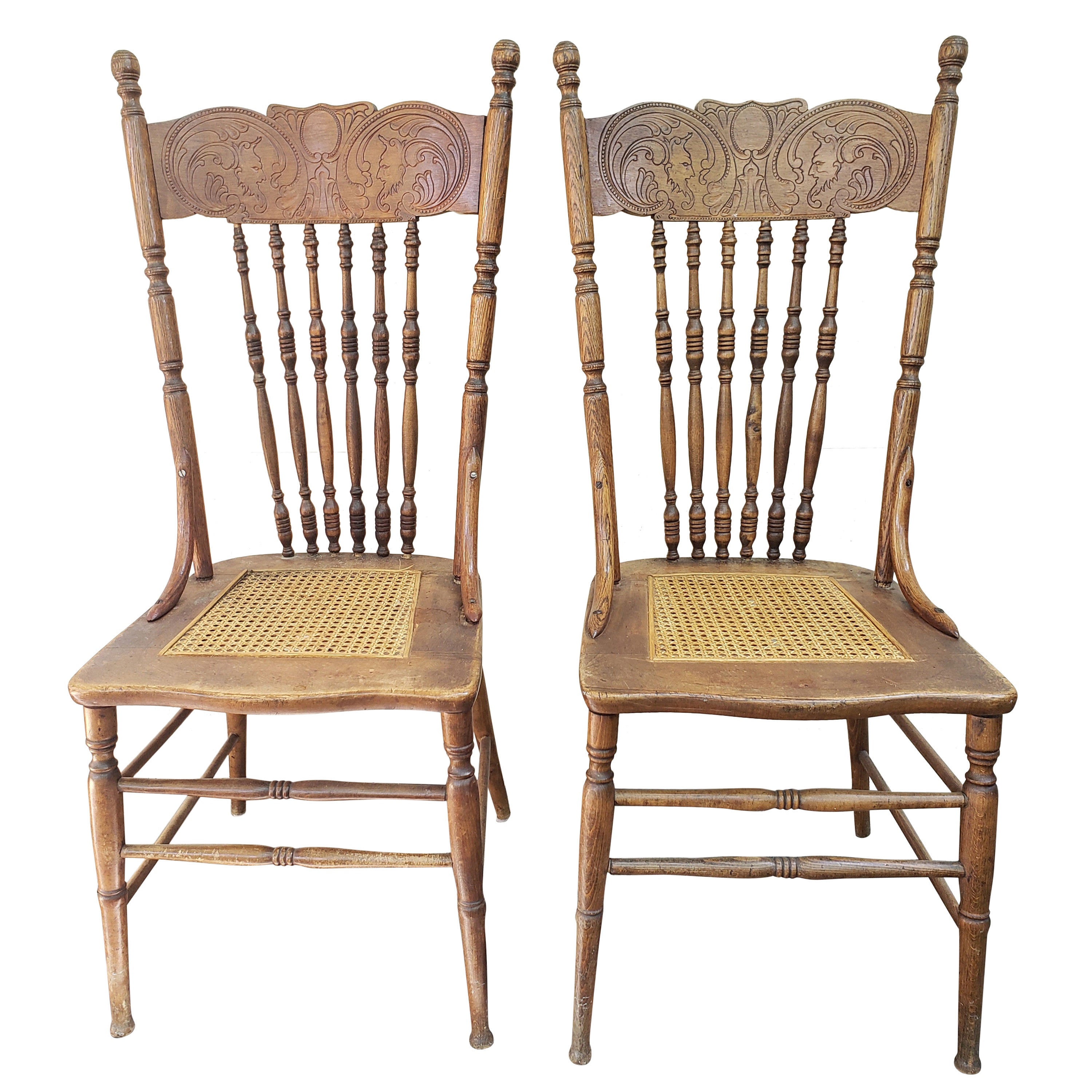 Vintage Oak Pressback Chairs with Cane Seats, a Pair For Sale