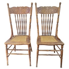 Vintage Oak Pressback Chairs with Cane Seats, a Pair