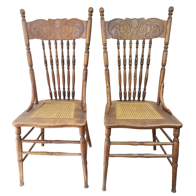 Vintage Oak Pressback Chairs with Cane Seats, a Pair For Sale at