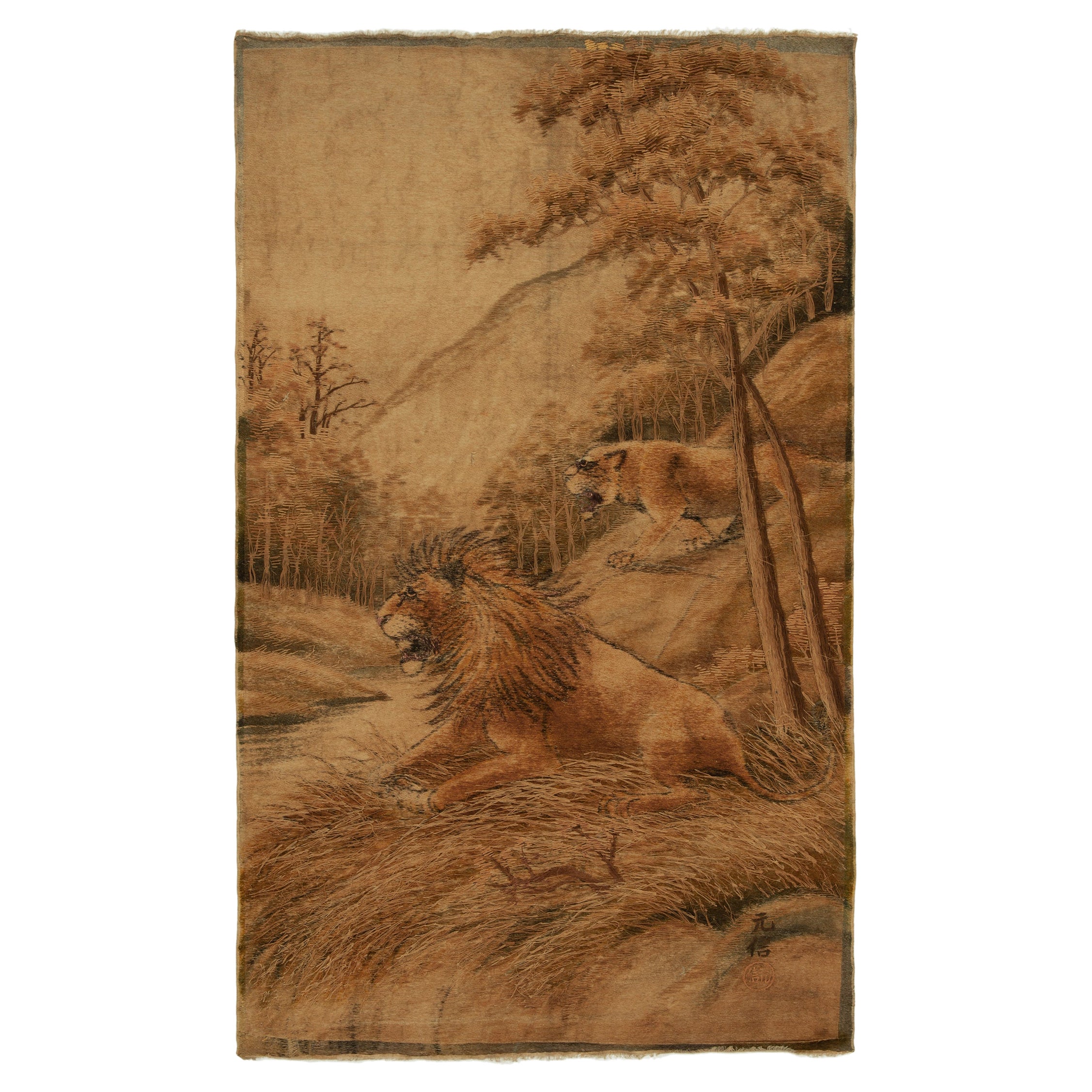 Antique Japanese Tapestry in Beige-Brown Lion Pictorials by Rug & Kilim For Sale