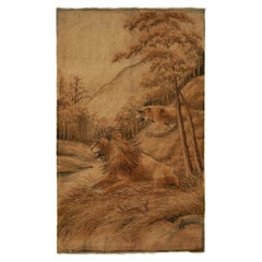 Antique Japanese Tapestry in Beige-Brown Lion Pictorials by Rug & Kilim