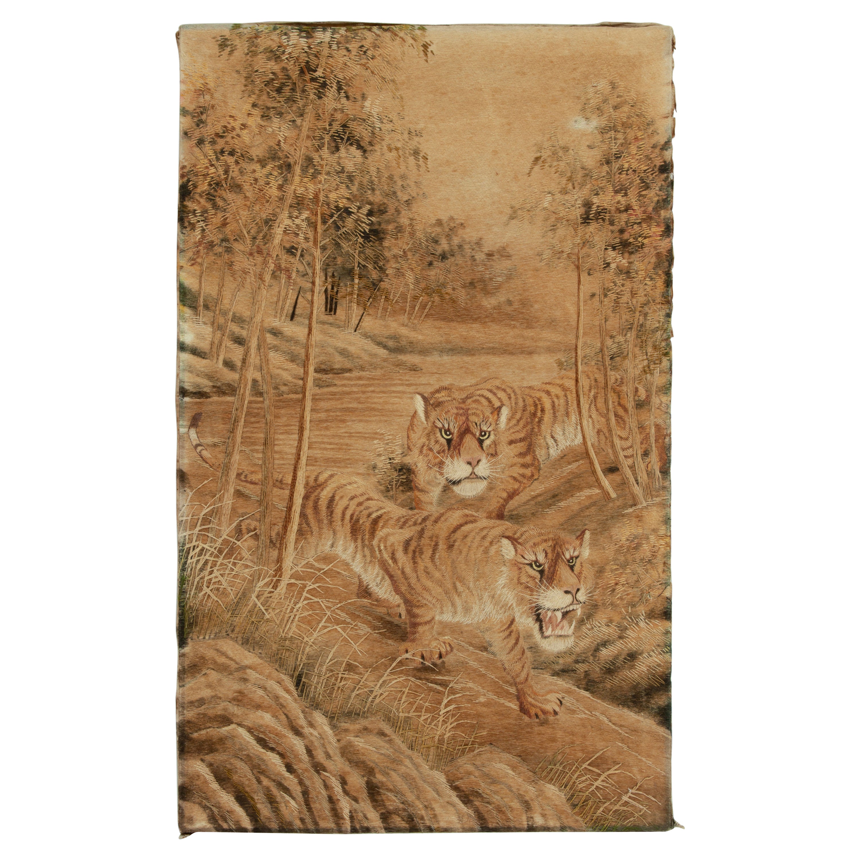 Antique Japanese Tapestry in Beige-Brown Tiger Pictorial by Rug & Kilim For Sale